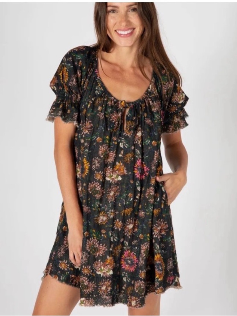 NATURAL LIFE Black Floral Mini Dress with Multicolor Blooms L/XL